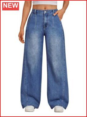 Women's Wide Leg Jeans with Side Pleats Baggy Denim Pants